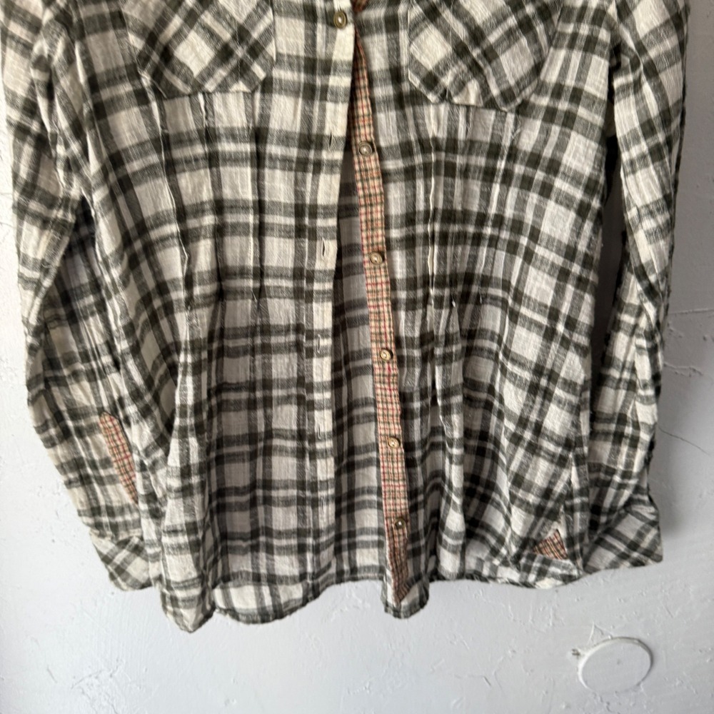 Free People Womens Plaid Long Sleeve Button Shirt Olive Green Bohemian Cabin XS - Picture 3 of 8